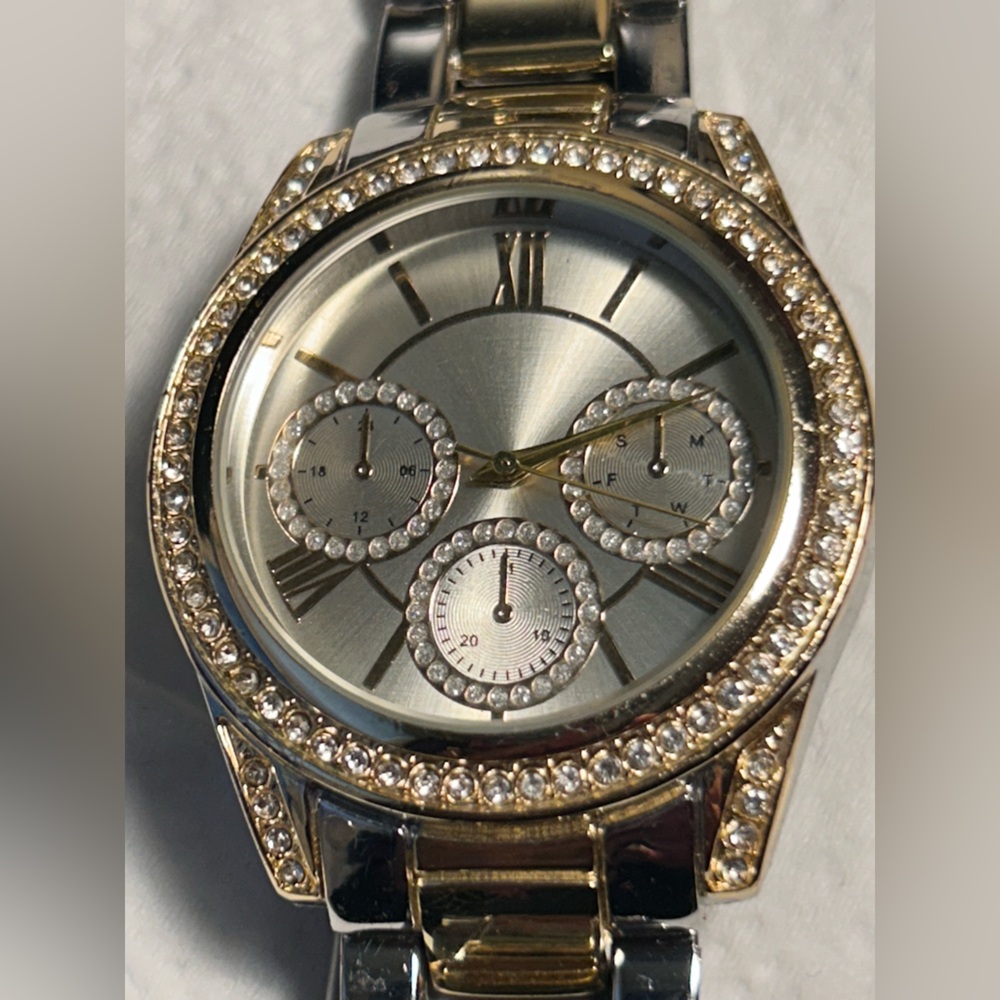 I.N.C. Crystal Bezel Two Tone Watch Silver Gold Stainless Steel Dial INC Women’s